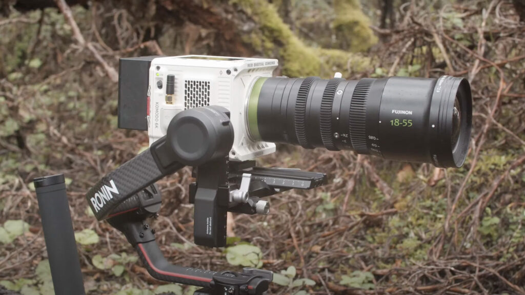 A image of a RED Komodo camera with Fujinon MK18-55mm lens